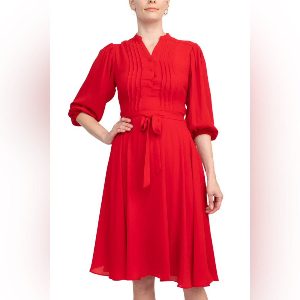 NWT Nanette Lepore Red Riding Hood Pleated Tie Waist A-Line Crepe Midi Dress - Picture 2 of 11